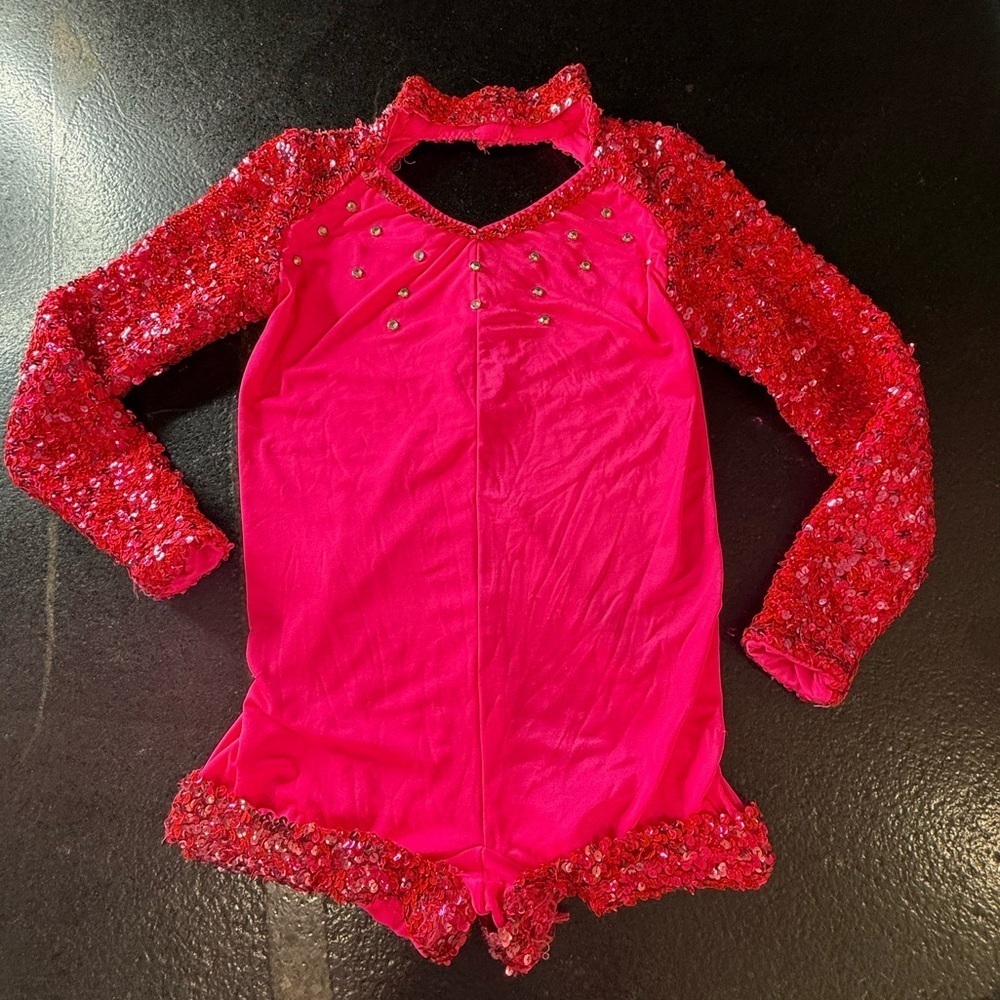 Weissman Sequin Shortall Dance Costume – Child Large (14–16), Hot Pink/Fuchsia